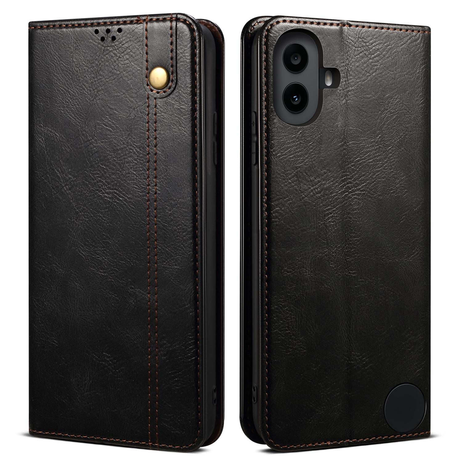 

For Nothing CMF Phone 1 Case Crazy Horse Texture Waxy Leather Wallet Stand Cover Black