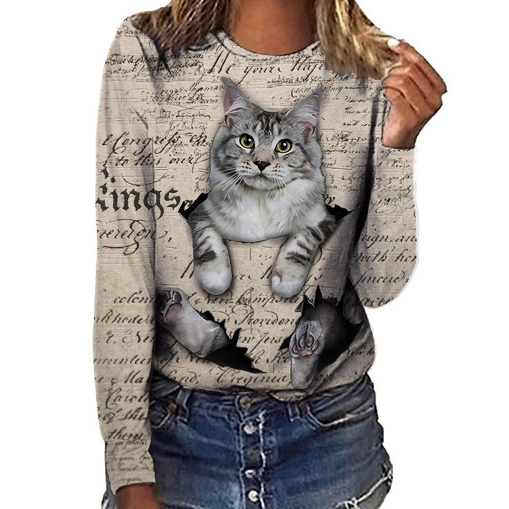 Spring and Autumn Round Neck 3D Cat Printed Top Fashionable Casual Long Sleeved Women's T-shirts