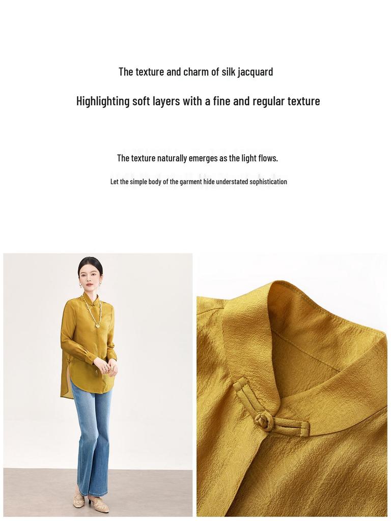 High-End Women's Silk Jacquard Frog Button Zen Shirt - Chinese Style Tea Ceremony Top for Spring