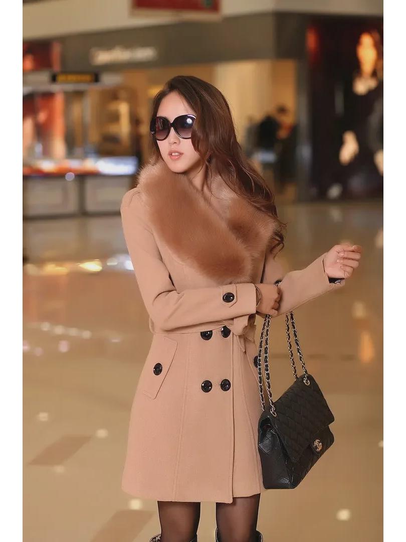 

Женское двубортное шерстяное пальто в корейском стиле с меховым воротником