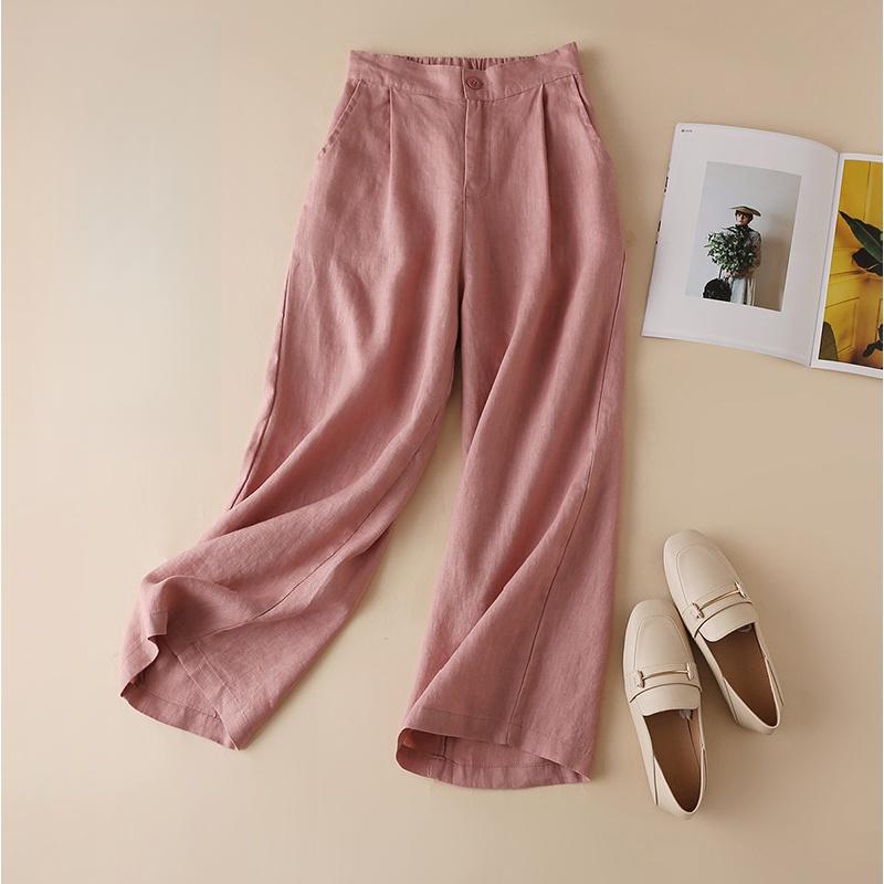 

Весенние и летние хлопковые и льняные женские брюки с широкими штанинами Льняные тонкие повседневные брюки Женские брюки Свободные укороченные брюки для женщин XXXL розовый