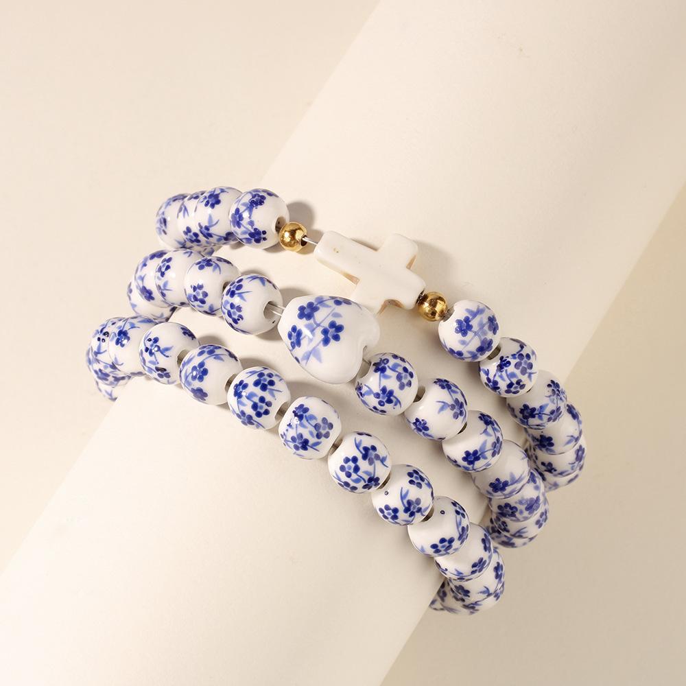 Ceramic Three-Piece Cross Love Turquoise Blue And White Porcelain Bracelet Women Stacked Bracelet Beaded Beads