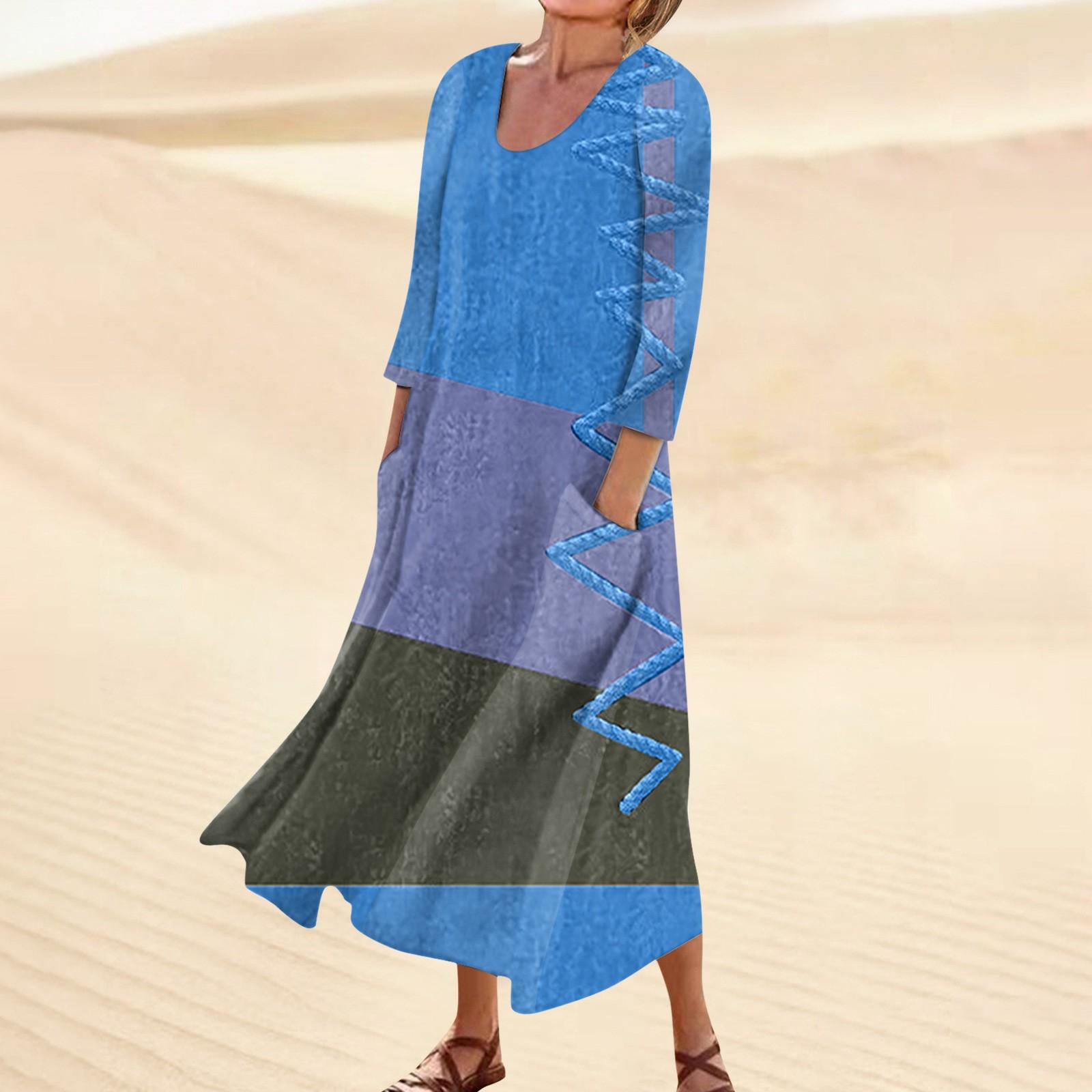 

Летнее платье для женщин, повседневное удобное модное платье с карманом и рукавами 3/4 с принтом XXXXXL синий