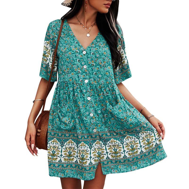 Damen Böhmisches Kleid Sommer V-Ausschnitt Kurzarm Geblümt Bedruckt Knopfleiste Lässige Kleider Mit Taschen Weiß