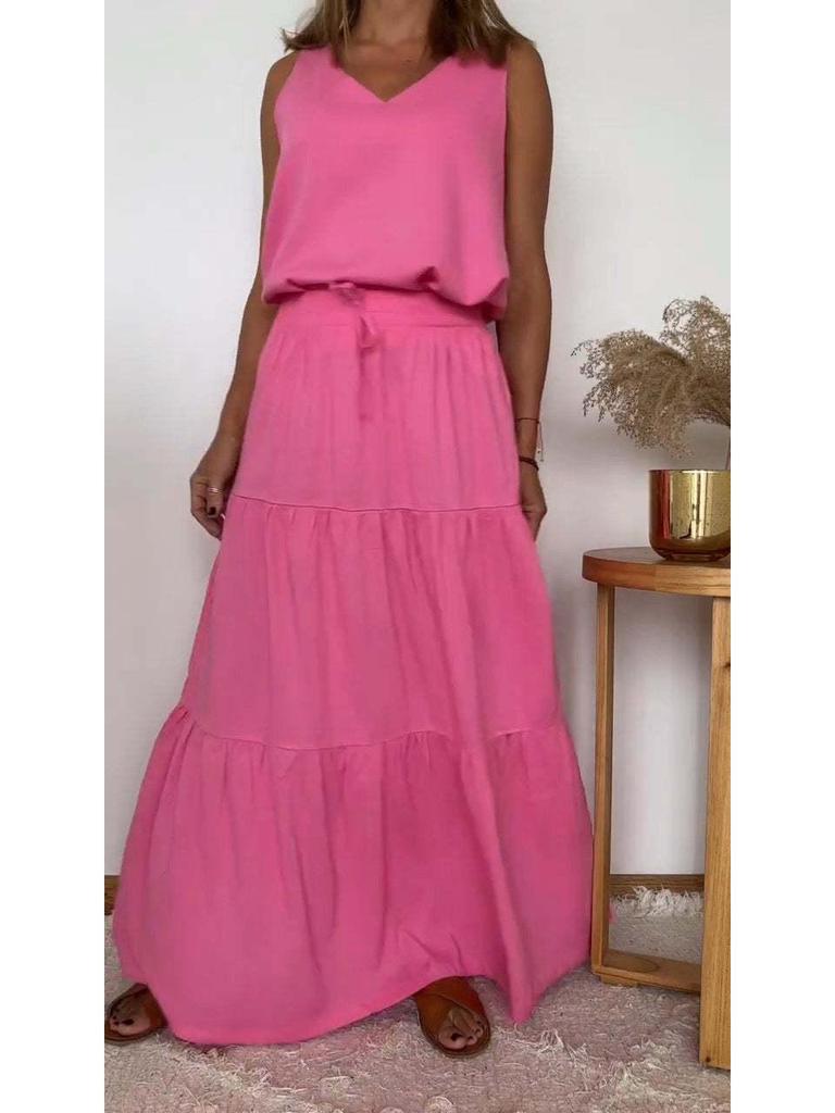 2024 Spring/Summer Women's Solid Color V-Neck Sleeveless Top and Skirt Set