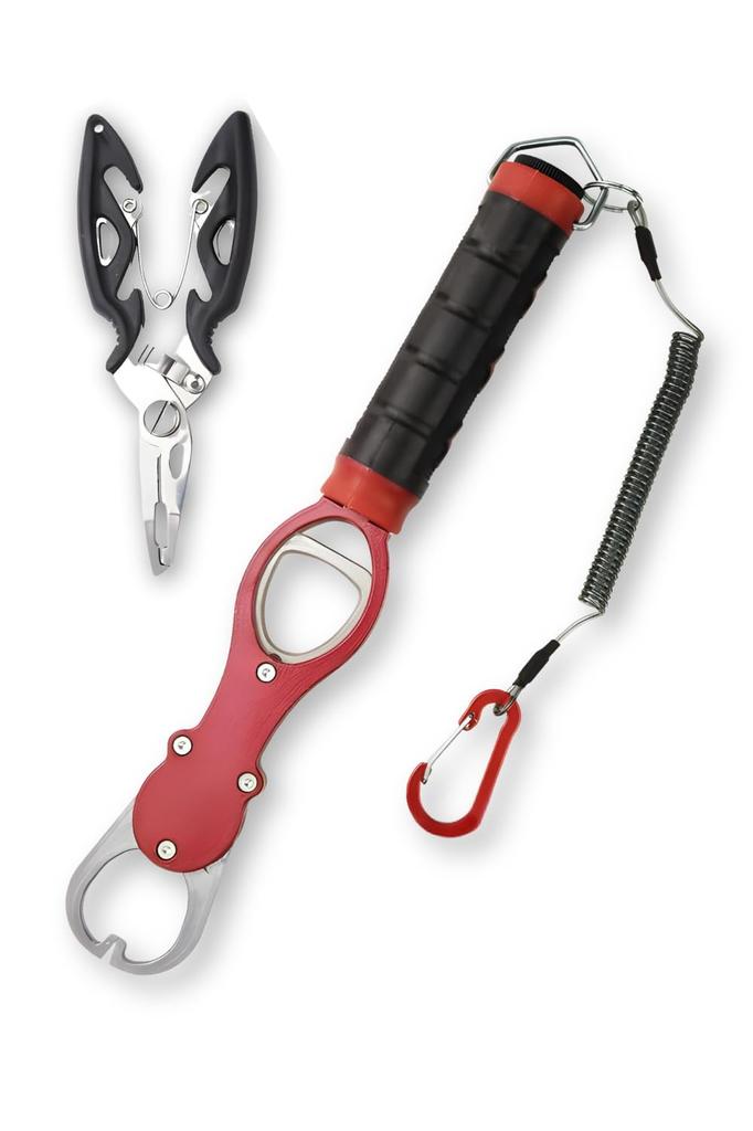 Fish Fish Fish Fish Fish Gripper with Holder with Measuring Grabber, Grip, Catcher, Holder, Carabiner, Function, Rust-Resistant... (Red)