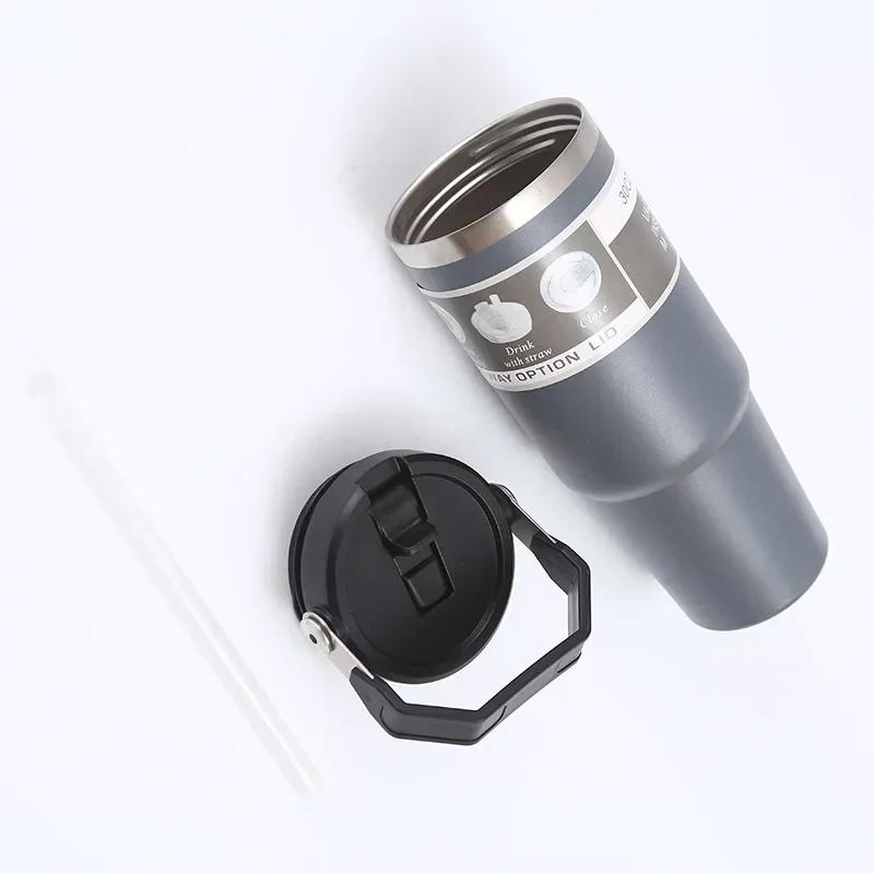 30oz Large Capacity Portable Car Cup Stainless Steel Thermos Cup with Straw & Handle Travel Sports Water Bottle Vacuum Flask