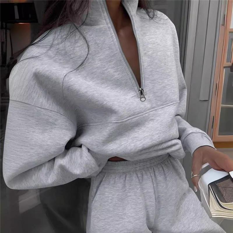Autumn Winter European And American Half Zipper Stand Up Hoodie Set Solid Color Loose Casual Two Piece Set