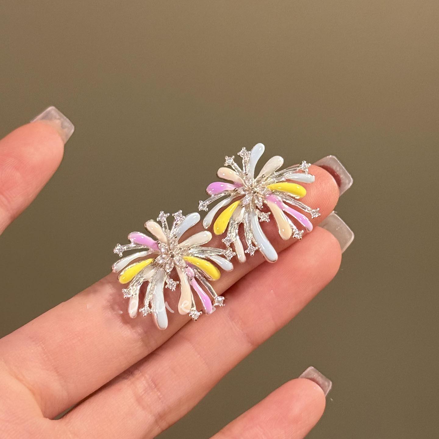 Silver Needle Diamond-Encrusted Color Enamel Firework Earrings: Elegant High-End Studs for Women