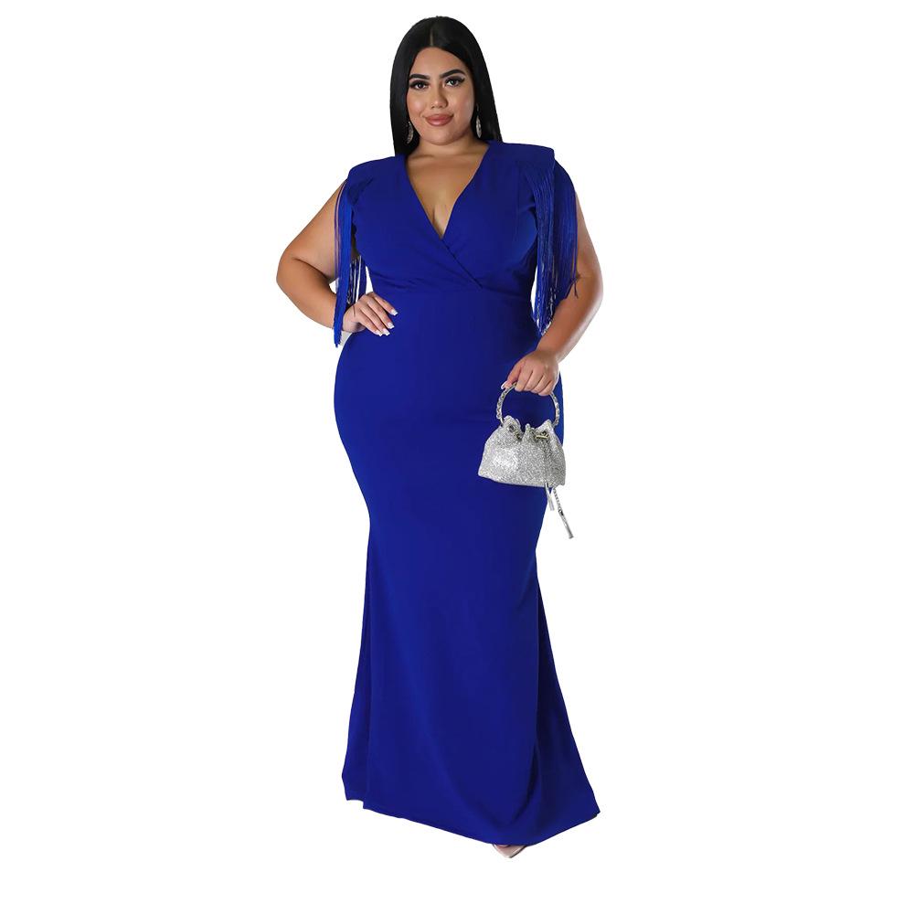 Plus Size Women's V-Neck Tassel Long Sleeve Slimming Dress