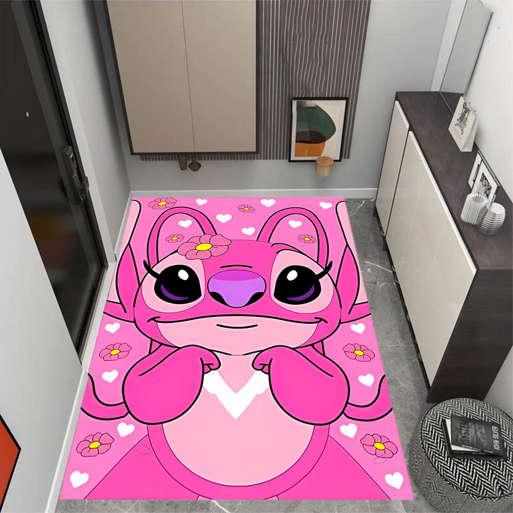 Pink Stitch Heart Background Disney Cartoon Theme Anti-Slip Rug - Polyester, Home Decor, Suitable for Bedrooms, Living Rooms, Doorways, and Studios