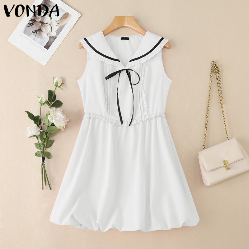 VONDA Women Naval Collar Sleeveless Crochet Hem Slim Waist Pleated Dress