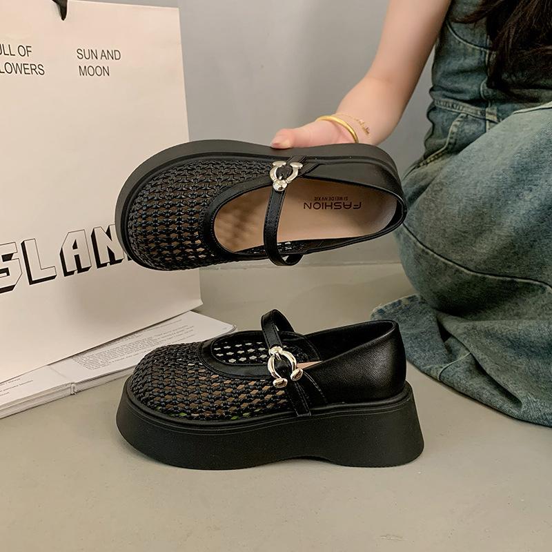 Hollow Woven Breathable Mesh Shoes 2025 Spring and Summer New Versatile Loafers Thick Sole Heightening Shallow Mouth Mary Jane Single Shoes