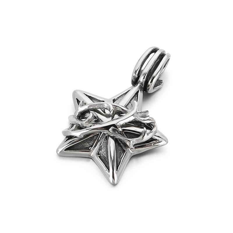 Vintage Cross Flower Inlaid With Black Zircon Necklace, Punk Style Personality Smeared Feathers Pentagram Titanium Steel Men'S Pendant