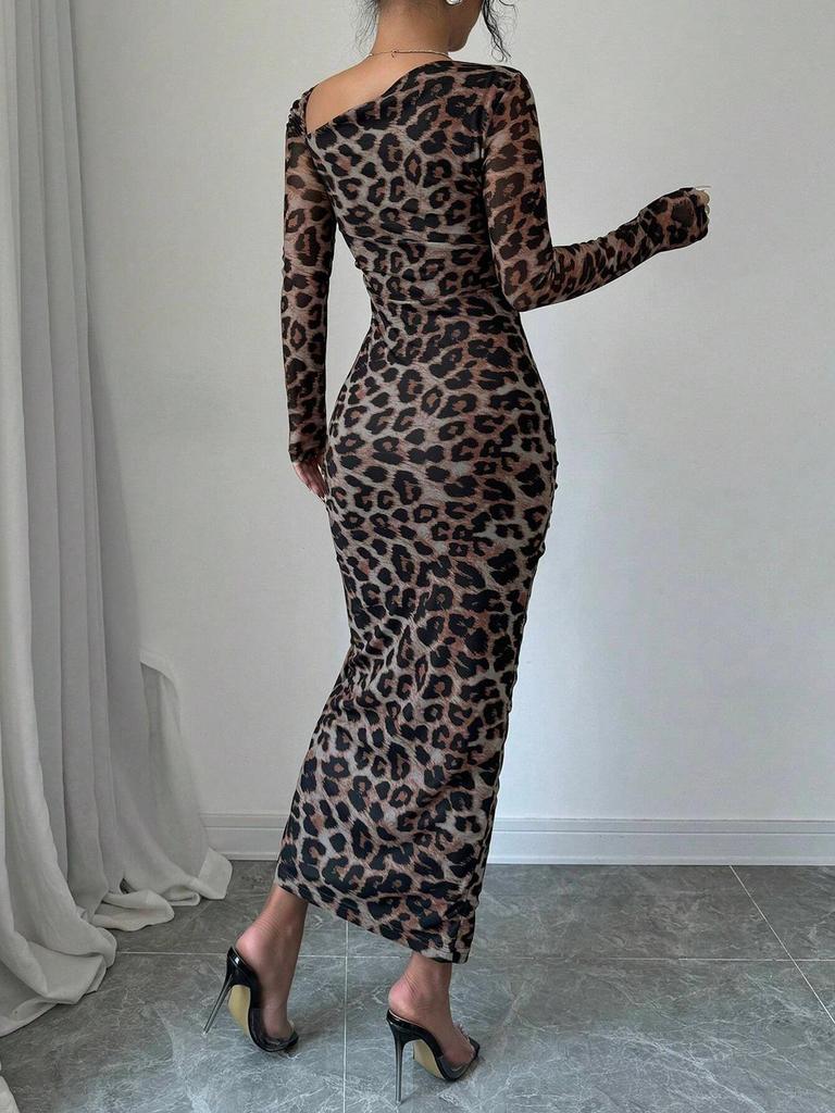 2025 Übergroßes Leopardenmuster Langarm Slim Fit Freizeitkleid