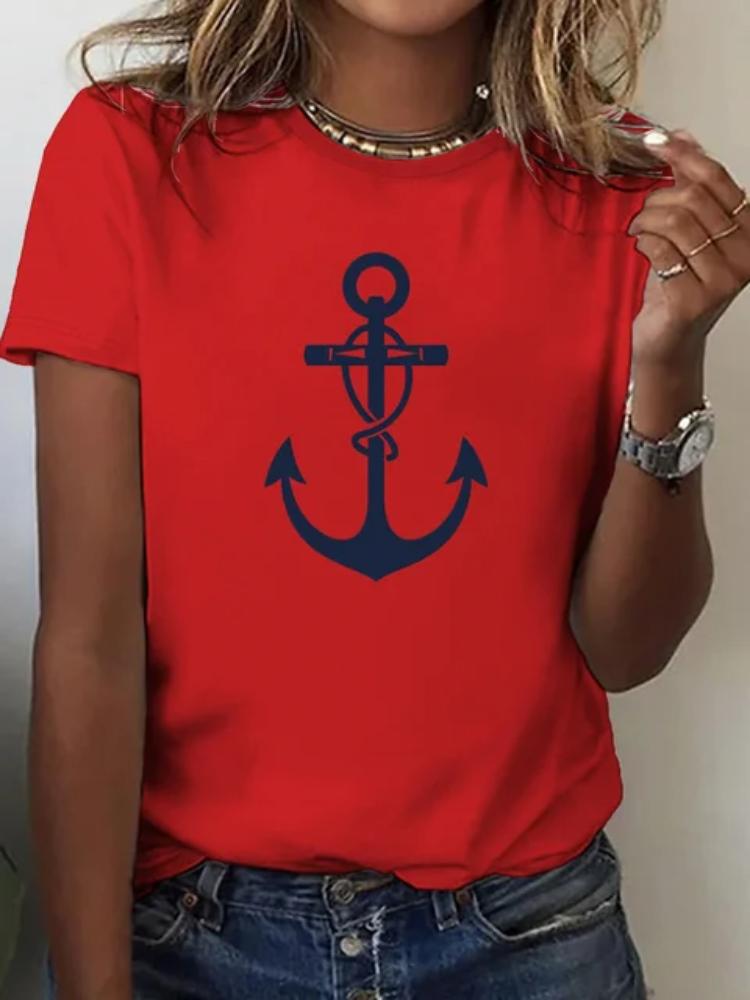 T-Shirt im neuen Stil für Frauen mit Anker-Print, Sommer-Übergröße, T-Shirts für Damenbekleidung, O-Ausschnitt, Damenmode, Übergröße