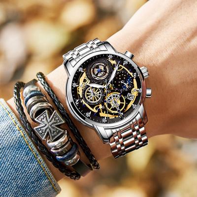 Watch Men'S Waterproof Luminous Multi-Function Chronograph Watch Steel Belt Hollow Quartz Watch Men'S Watch