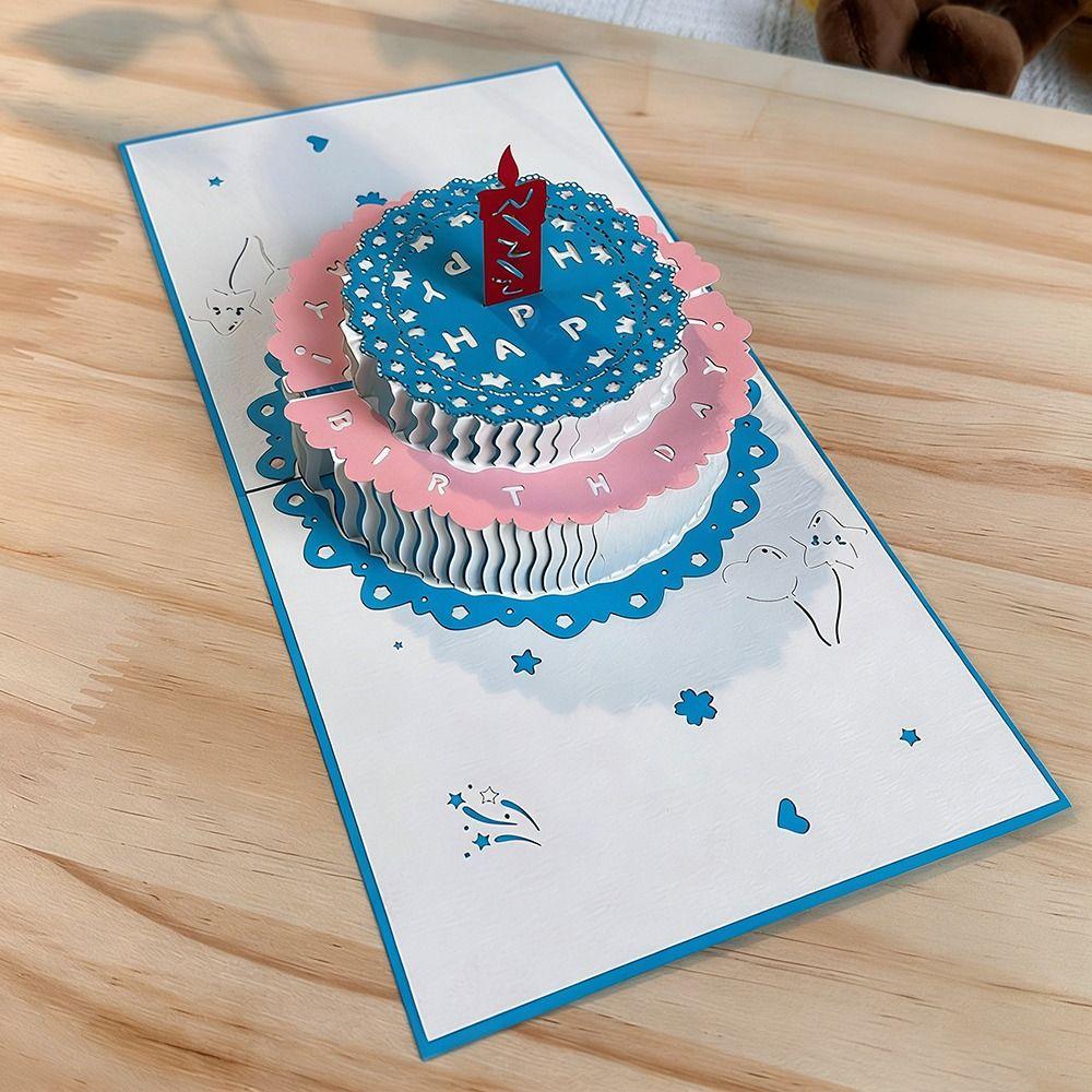 New 3D Pop-Up Happy Birthday Card 2-Layer Birthday Cake with Envelope Greeting Card Hollowed Out Flowers Foldable Gift Card