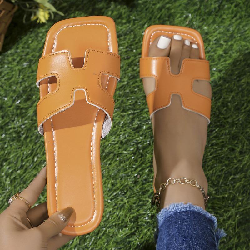 New square-headed open-toed versatile non-slip simple one-word slippers flat-bottomed fashionable beach slippers women