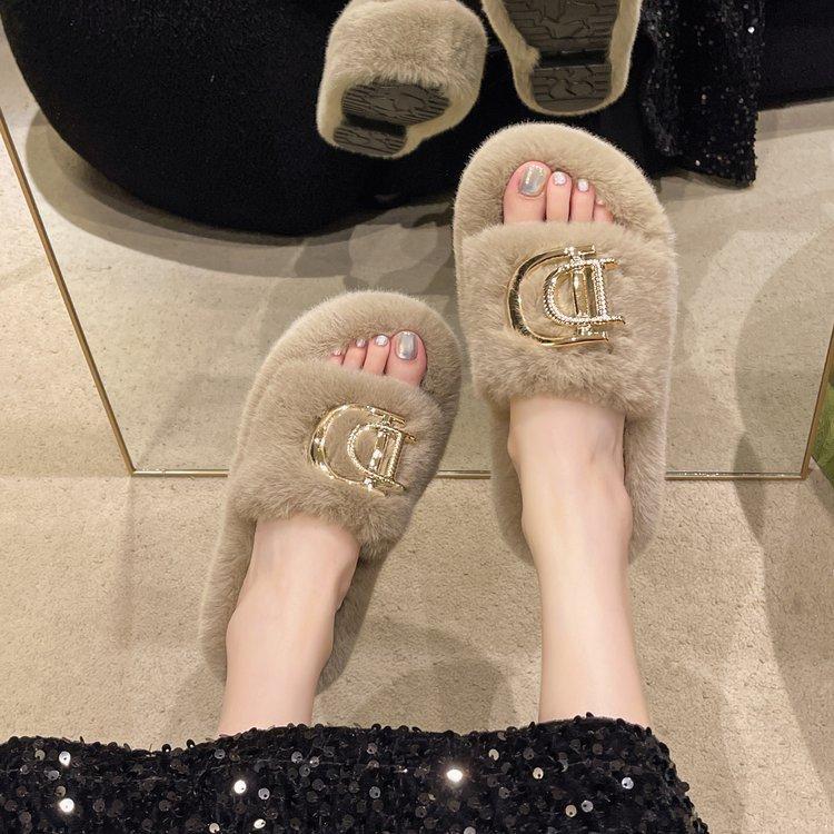 Thick-soled Letter Fluffy Cotton Slippers for Women To Wear Outside Autumn and Winter New Fashion Home Slippers for Women