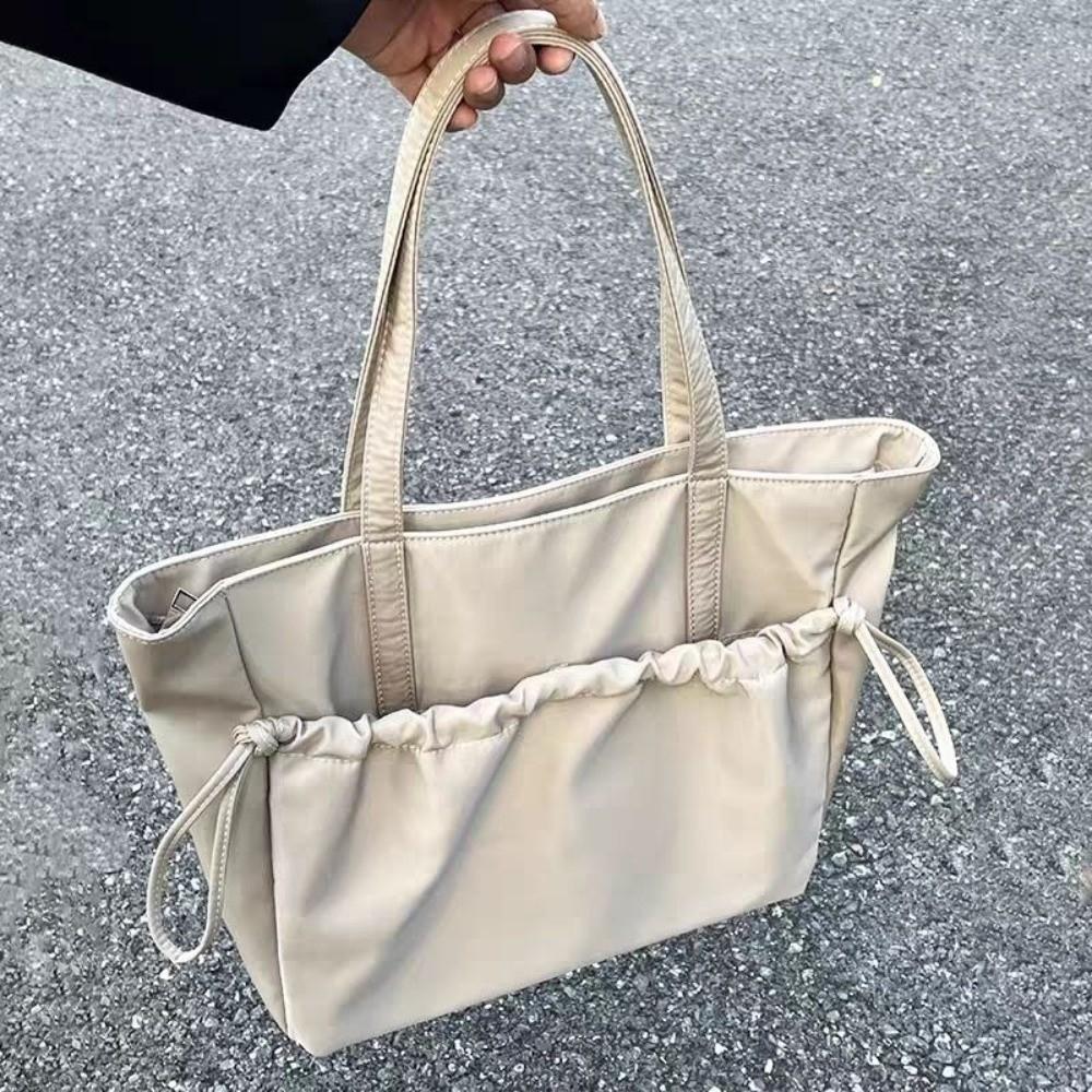 Drawstring Nylon Shoulder Bag Zipper Versatile Commuting Handbag Large Capacity Tote Bag  Women
