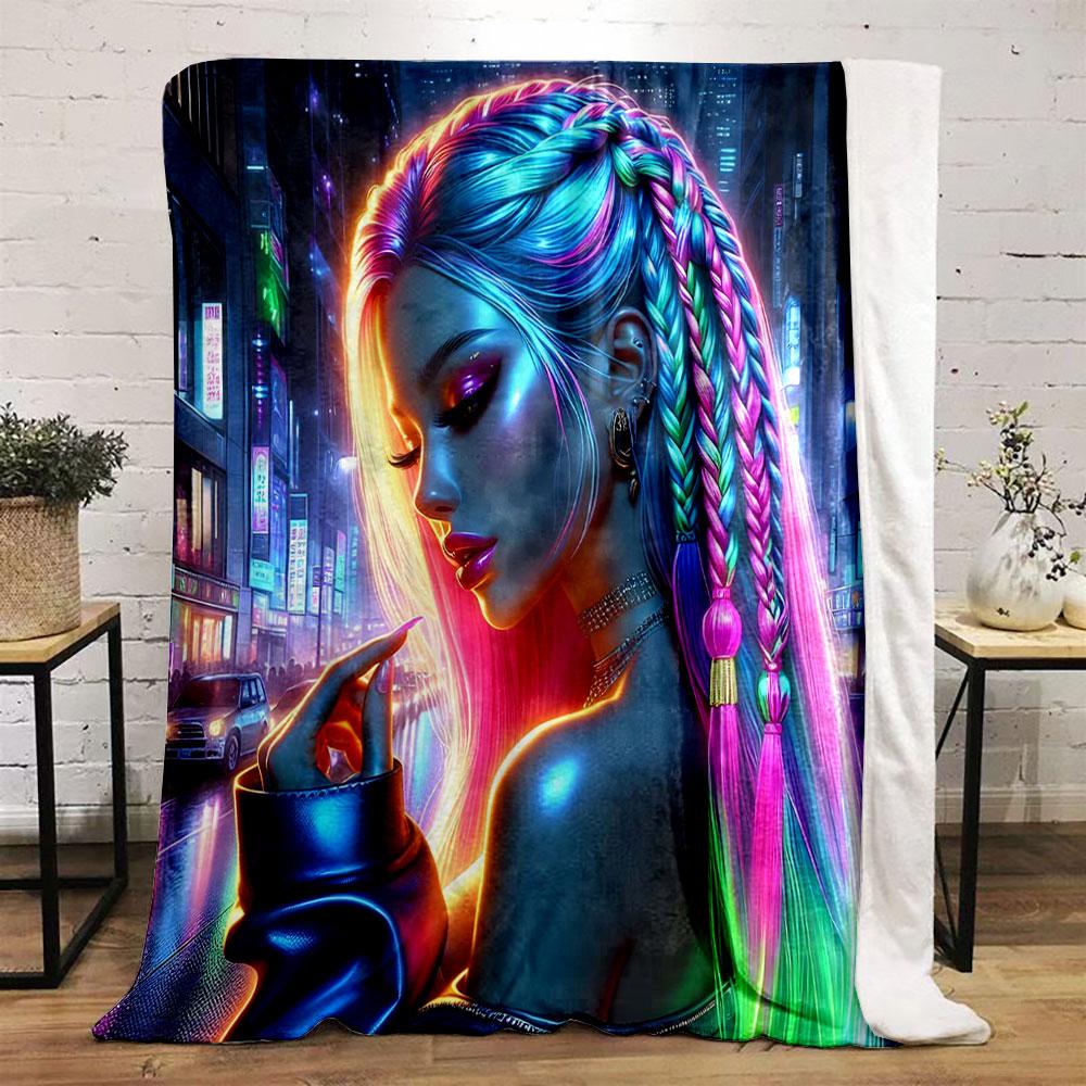 Neon Cyberpunk Styled Woman print blanket soft and cozy perfect for the living room bed sofa or a nap,gift