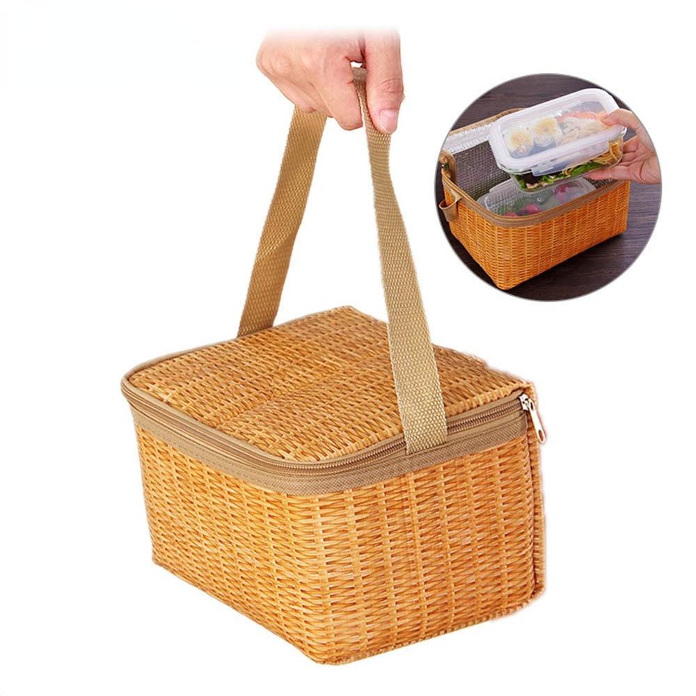 Straw Woven Waterproof Insulated Thermal Bento Bag Insulated Lunch Tote Bag for Travel Picnic Women Lunch Box Natural Pastoral