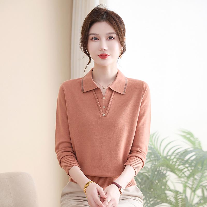 Mom's Autumn Knit Top - New 2026 Style for Middle-Aged & Elderly Women, Spring/Autumn Fashion Lapel Base Layer Shirt