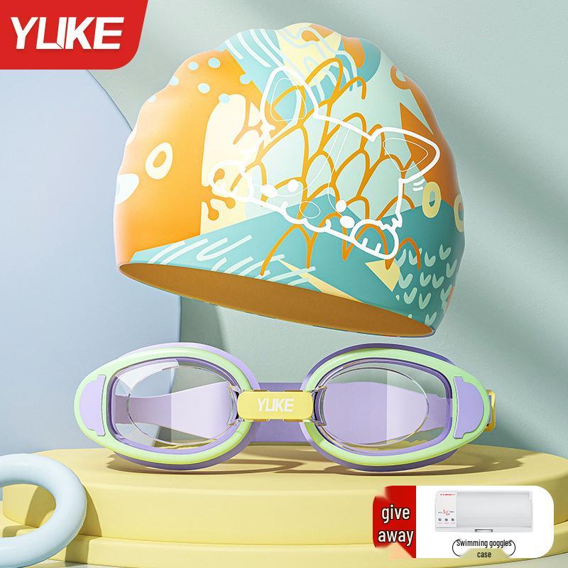 Kids' Waterproof Anti-Fog Swim Goggles with Cap - Medium To Large Fit, Small Frame, High Definition Professional Set.