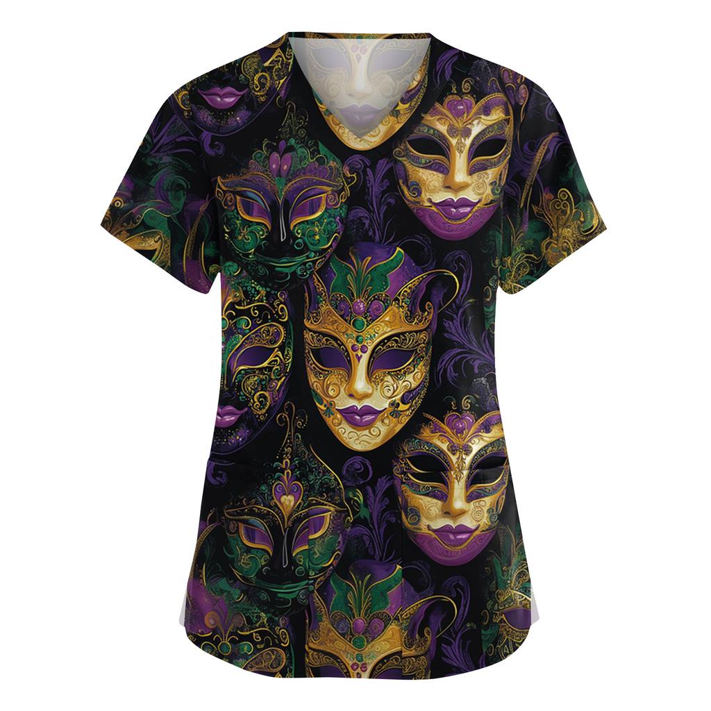 Dammode V-ringad Kortärmad Overall Med Fickor Tryckta Toppar Kläder