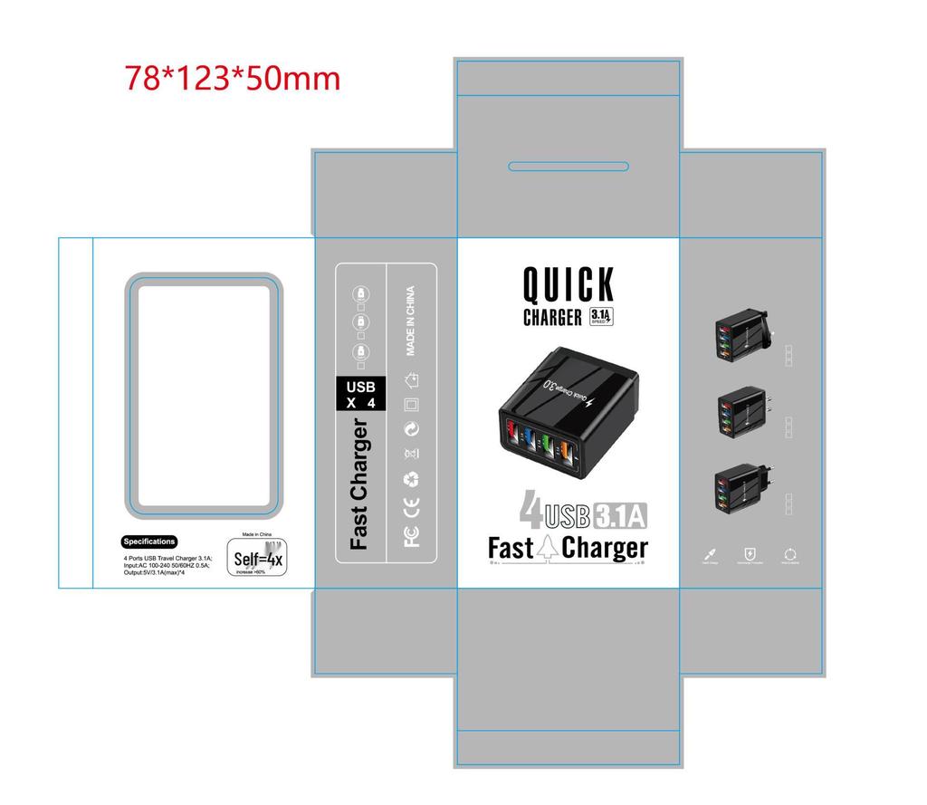 4-Port USB Mobile Charger 3A with LED Light for EU/US Specs, Compatible with Tablets & Phones