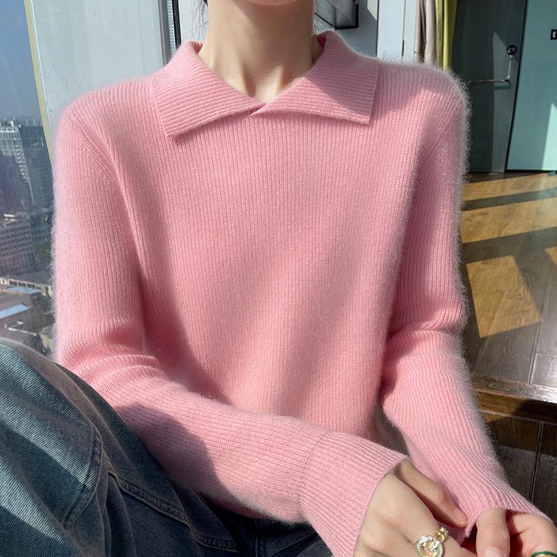 2024 Women's Solid Color Wool Knit Sweater - Autumn/Winter, Round Neck, Soft, Simple, Stylish Lapel Knitwear