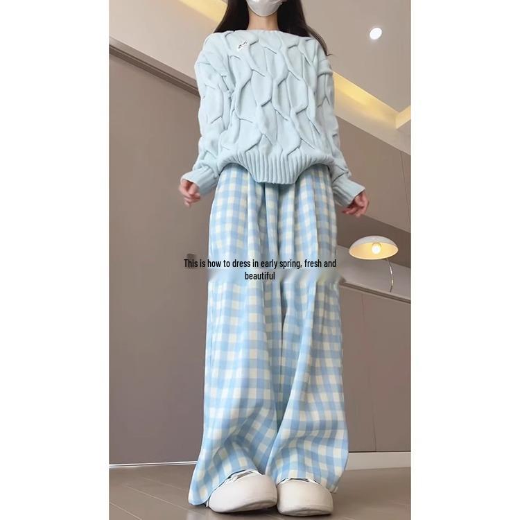 

Женские брюки в синюю и белую клетку в корейском стиле - Весна и Осень 2025, Маленький размер, Прямые, Свободного кроя XL