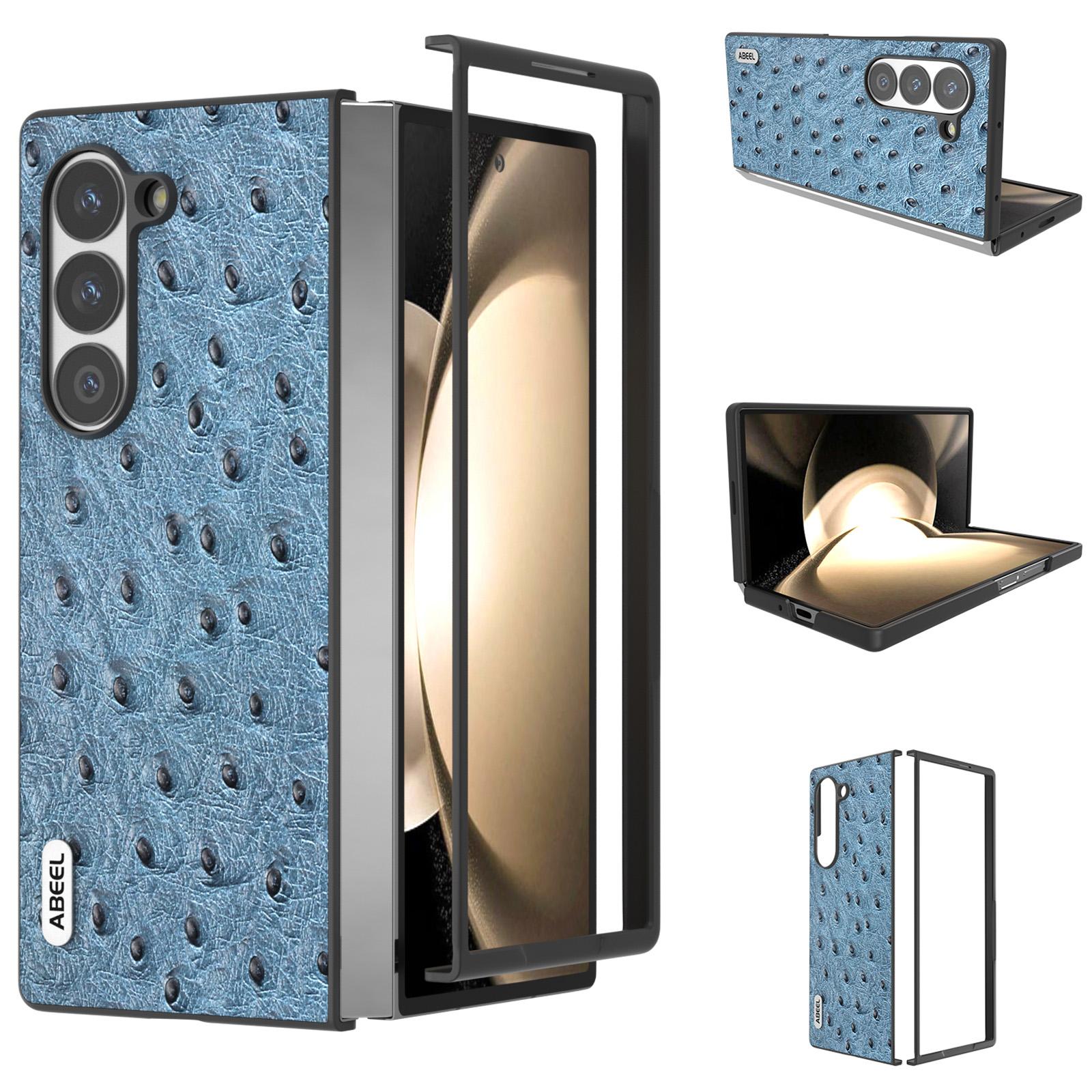 

For Samsung Galaxy Z Fold6 5G Case Genuine Cow Leather+PC Cover Ostrich Texture Blue