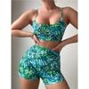 Green Leaf Print 2 Piece Swimsuit Women,2024 High Waist Bikini Tankini,summer Beach Vacation U-neck Suspender Backless Swimwear
