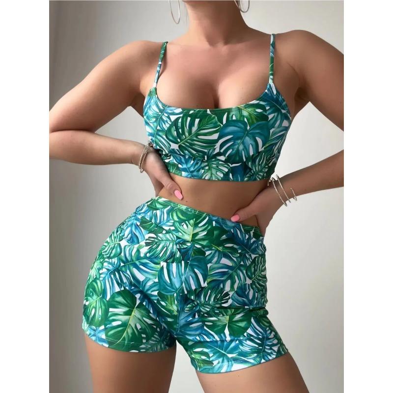 Green Leaf Print 2 Piece Swimsuit Women,2024 High Waist Bikini Tankini,summer Beach Vacation U-neck Suspender Backless Swimwear