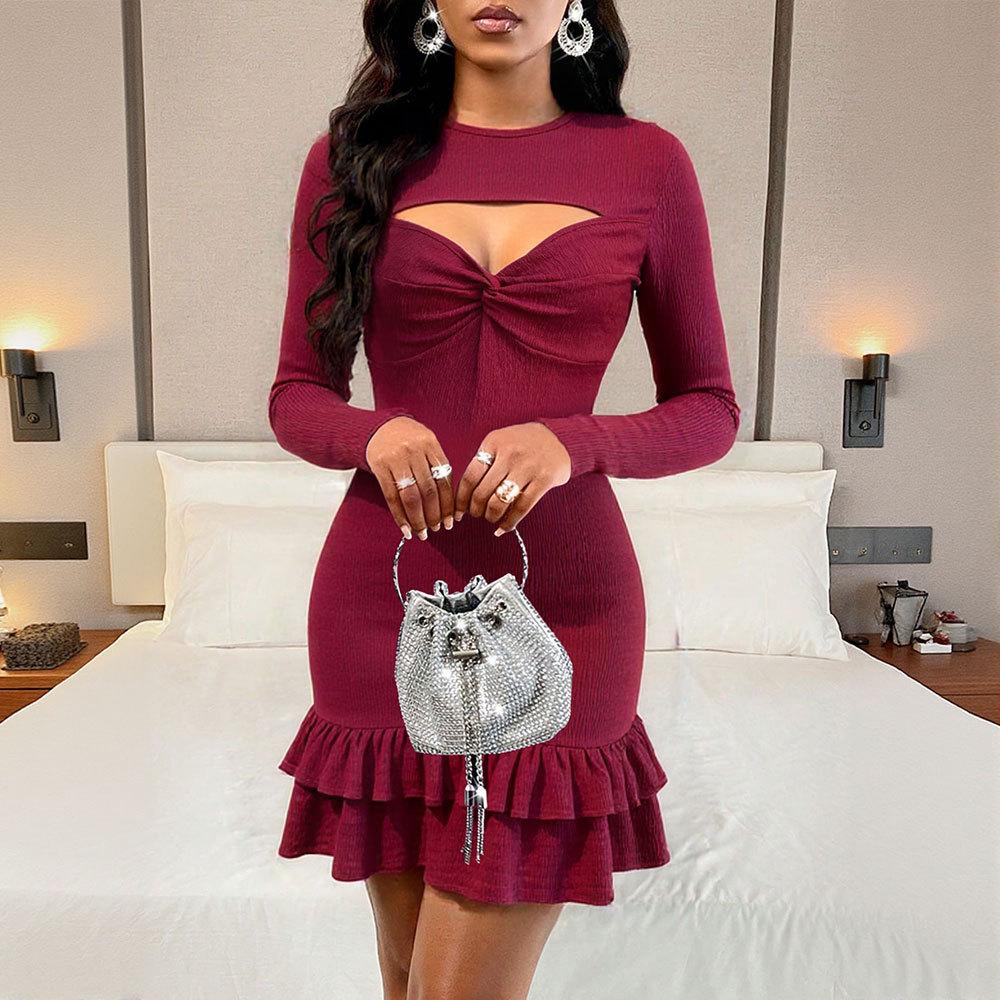 Autumn Winter Casual Slim Elasticity Ruffles Dresses Sexy Hollow Out Elegant Hip Wrap O-neck Long-sleeve Solid Mini Dress Female