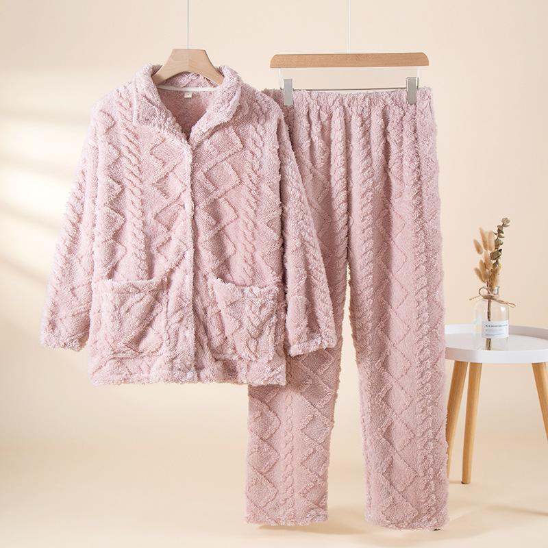 Pajamas women's autumn and winter flannel thickened long-haired jacquard fleece casual cardigan homewear set clearance