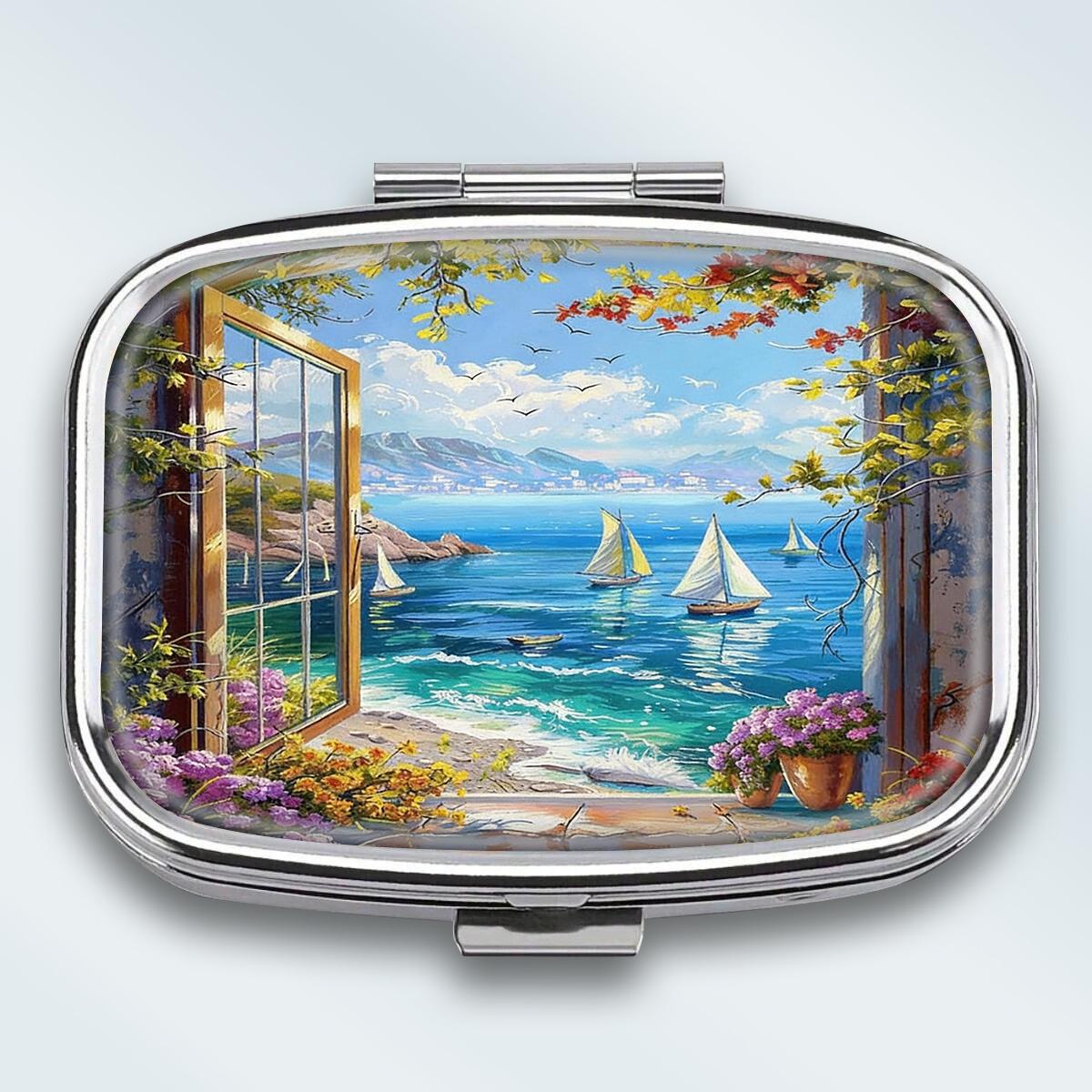

Portable Pill Box with 2 Compartments, Mini Metal Medicine Organizer Case, Cute Printed Pill Container for Vitamins, Pills, Jewelry, Travel, Daily Use різнокольоровий