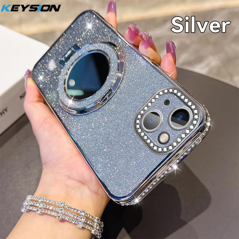 KEYSION Luxury Glitter Jewelled Magnetic Phone Case for iPhone 13 14 Pro Max Makeup Mirror Ring Stand Shockproof Back Cover