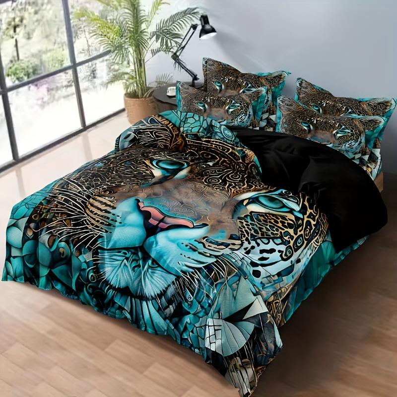 3Pcs Set Of Quilt Covers With Glaring Leopard Pattern - Soft And Comfortable Bedroom Guest Room And Dormitory