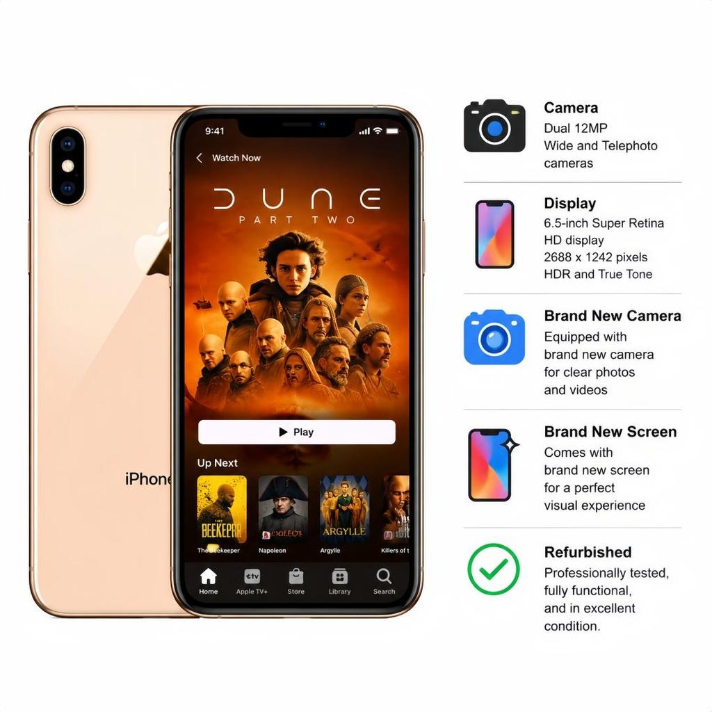 Refurbished Apple iPhone Xs Max 256GB Gold/Silver/Space Gray Unlocked Smartphone – 6.5-inch Super Retina OLED, A12 Bionic, Face ID, Dual 12MP Camera