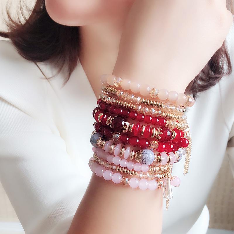 Bohemian Multicolor Crystal Beads Bracelets for Women Girls Boho Ethnic Tassel  Elastic Rope Handmde Wrap Bracelet Pulseira Femi