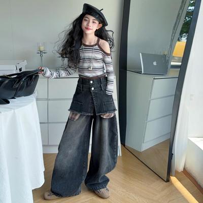 Mädchen 2025 Frühling/Herbst Mode T-Shirt & Denim Schlaghose Set (Zweiteilig für 9+ Jahre)
