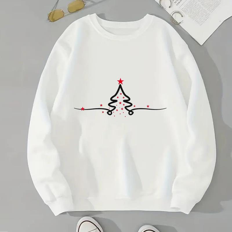

(Азиатский размер) Веселый Рождественский принт, фестиваль звездного дерева, мультфильм, праздничный принт, модные повседневные пуловеры, новогодняя женская одежда, толстовки с графикой