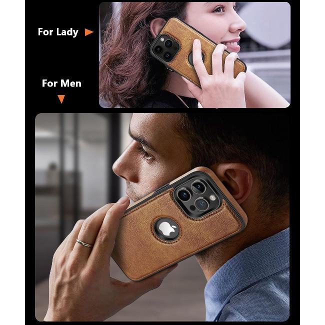 Unique Design Luxury Leather Business Phone Case for iPhone 15 Pro Anti-Slip Scratch Resistant Ultra Slim Protective Case (2023,6.1”) (Brown)