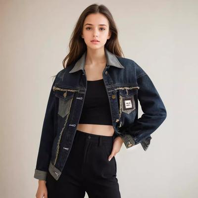Fashion Women Jacket  Autumn Winter Loose Denim Jackets Washed Blue Patchwork Jeans Coat Turn-down Collar Outwear