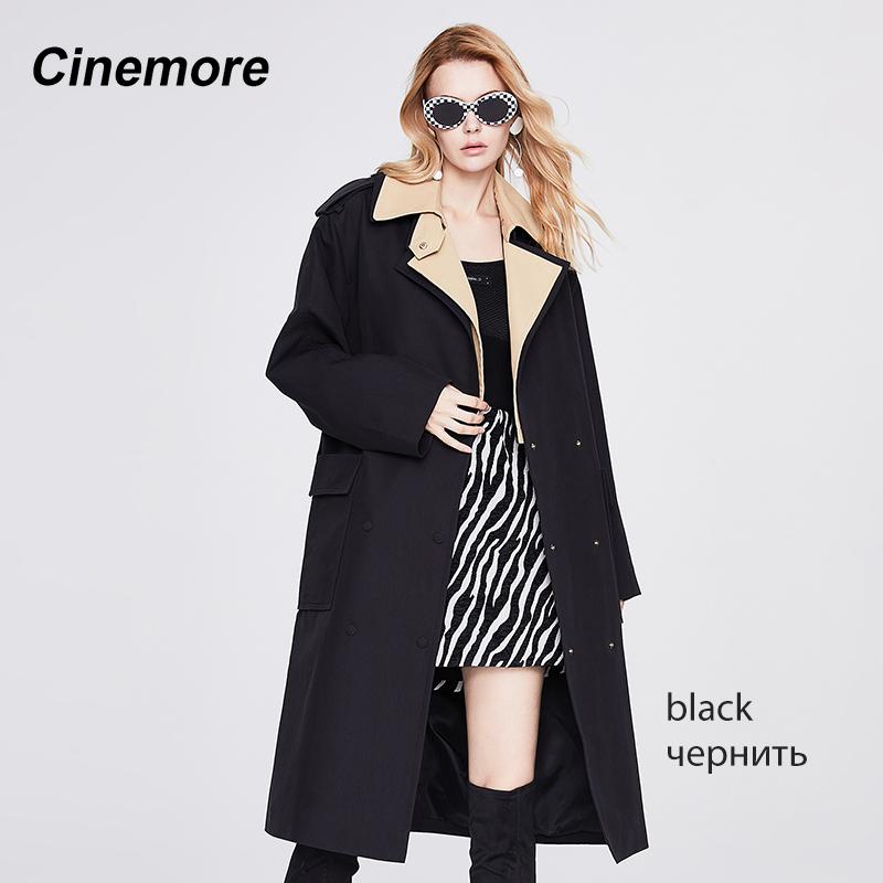 

CINEMORE 2021 Новая женская ветровка со свободным воротником с лацканами, двубортные топы, повседневный элегантный винтажный модный плащ 92227 M чёрный