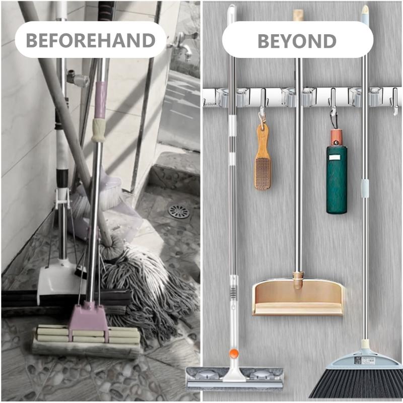 Wall Mounted Rack Space Saving Brooms Organizer Storage Solution for Bathroom