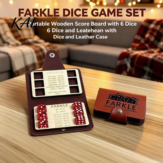 Compact Tabletop Games Farkle Dice Board Game, with Faux Leather Case, 6 Dices, Wooden Game Set Scoreboard, Portable for Travel Family Party Night